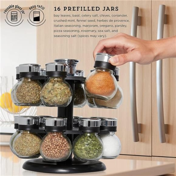 16 Jar Ellington Revolving Countertop Spice Rack with Lift & Pour Caps & Spices - Picture 4 of 6